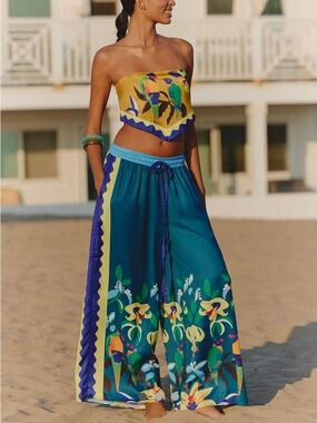 Wide Leg Floral Print Pants in Teal